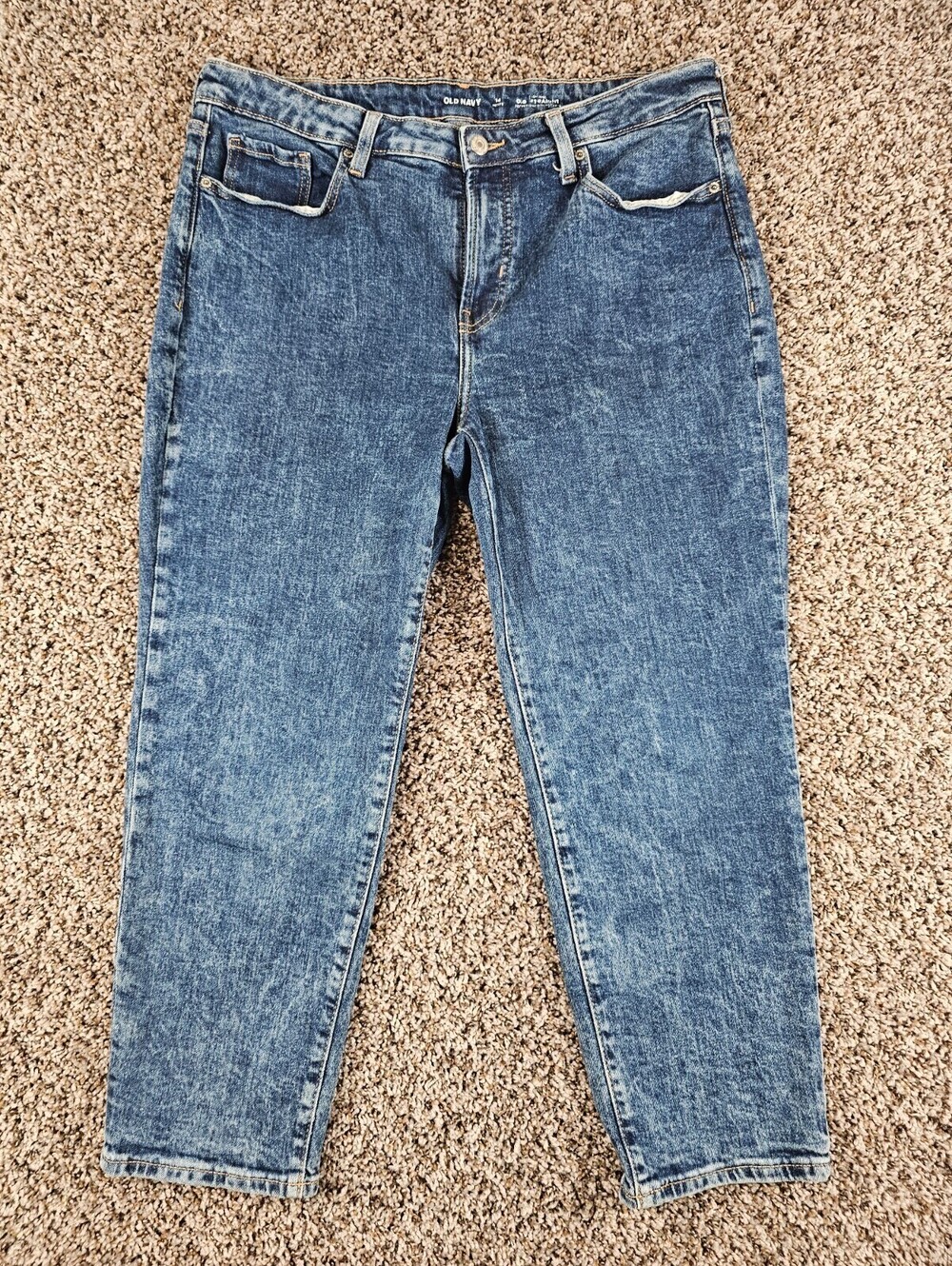 Old Navy Womens Sz 14 OG Straight Leg High Rise Blue Jeans Stone Wash